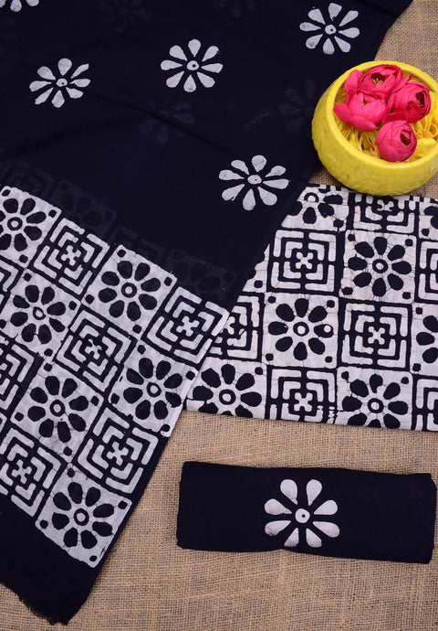 Pure Cotton Hand Batik Printed Dress Material - Navy Blue Color