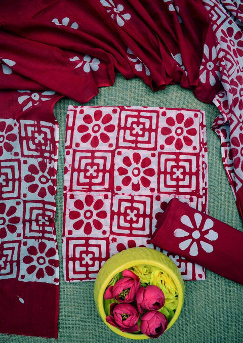 Pure Cotton Hand Batik Printed Dress Material - Red Color