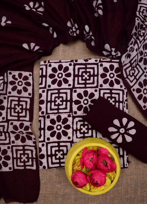 Pure Cotton Hand Batik Printed Dress Material - Maroon Color