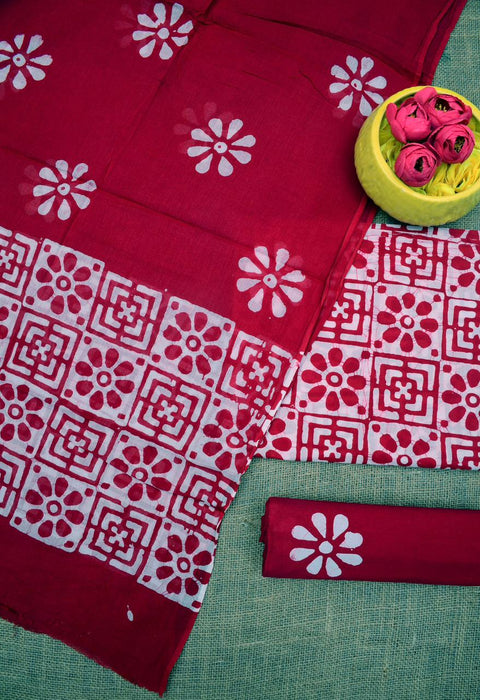 Pure Cotton Hand Batik Printed Dress Material - Red Color
