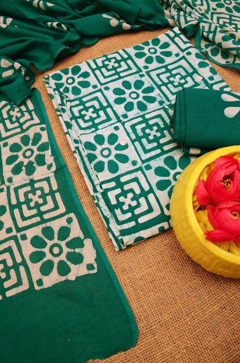 Pure Cotton Hand Batik Printed Dress Material - Green Color