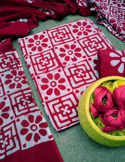 Pure Cotton Hand Batik Printed Dress Material - Red Color