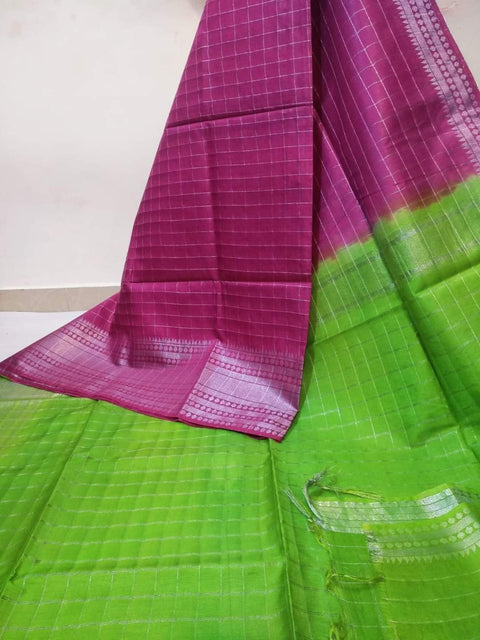 Mangalgiri Semi Silk Saree - Pink & Green Color