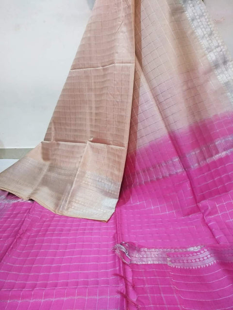 Mangalgiri Semi Silk Saree - Beige & Pink Color