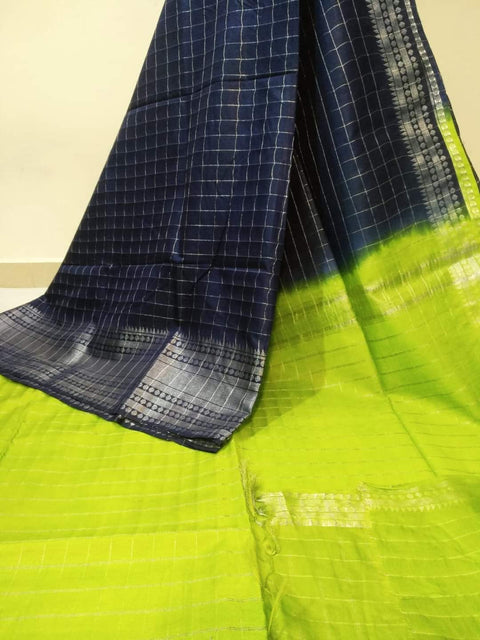 Mangalgiri Semi Silk Saree - Black & Green Color