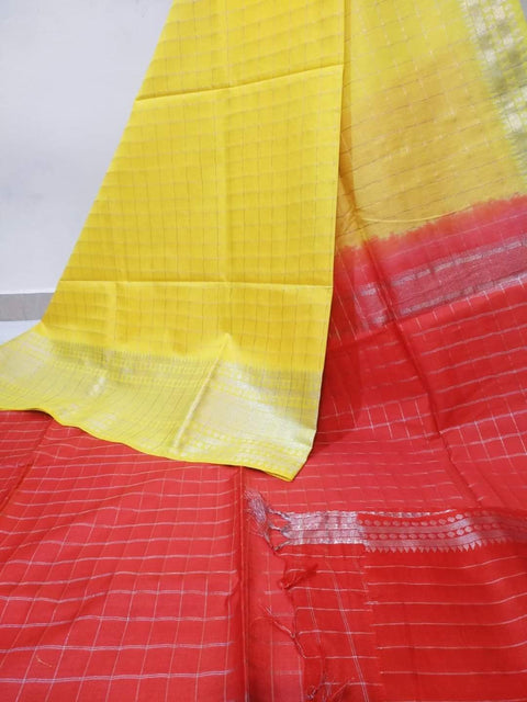 Mangalgiri Semi Silk Saree - Yellow & Red Color