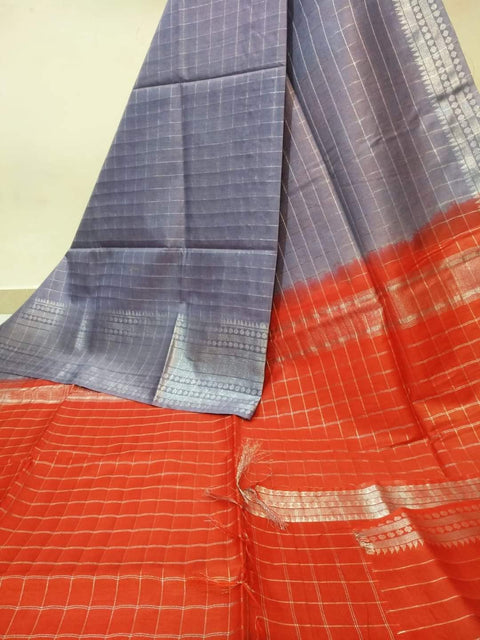 Mangalgiri Semi Silk Saree - Grey & Red Color