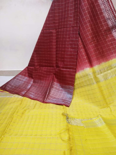 Mangalgiri Semi Silk Saree - Maroon & Yellow Color
