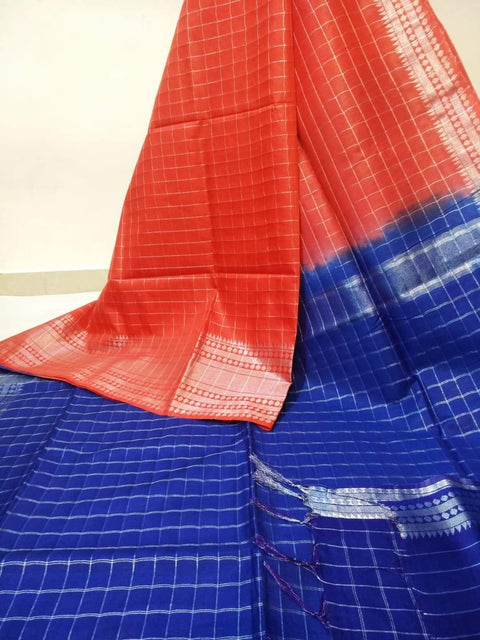 Mangalgiri Semi Silk Saree - Red & Blue Color