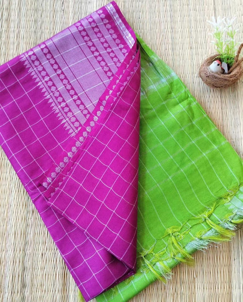 Mangalgiri Semi Silk Saree - Pink & Green Color