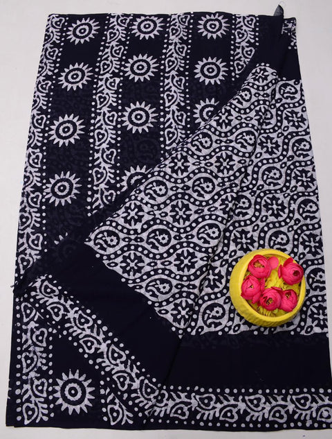 Hand Batik MulMul Pure Cotton Printed Saree - Black Color