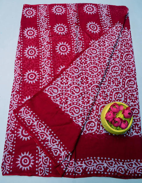 Hand Batik MulMul Pure Cotton Printed Saree - Red Color