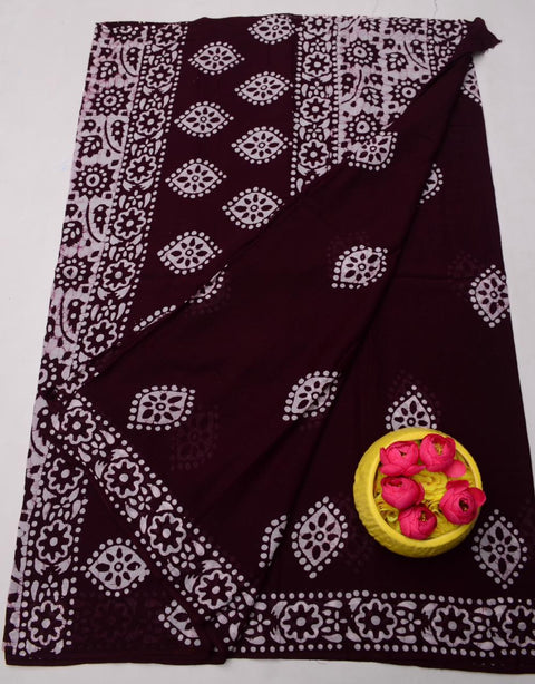 Pure MulMul Cotton Hand Batik Print Saree - Dark Brown Color