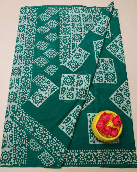 Pure MulMul Cotton Hand Batik Print Saree - Green Color