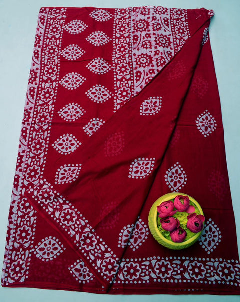Pure MulMul Cotton Hand Batik Print Saree - Red Color