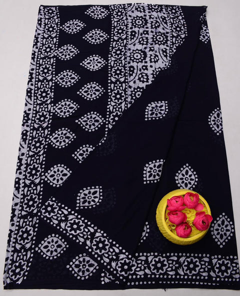 Pure MulMul Cotton Hand Batik Print Saree - Black Color