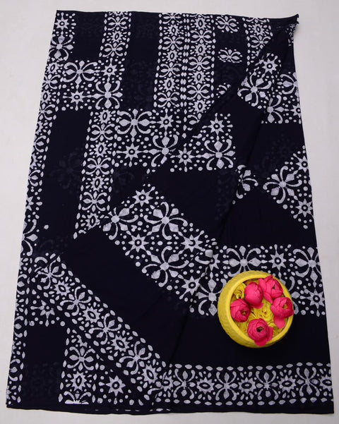 Pure MulMul Cotton Hand Batik Print Saree - Black Colour