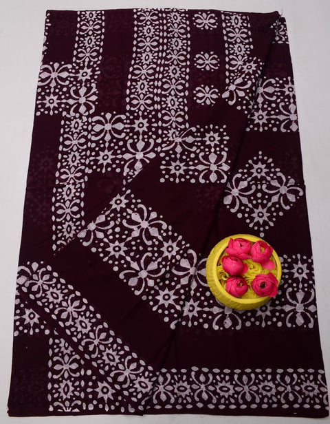 MulMul Pure Cotton Hand Batik Print Saree - Brown Colour