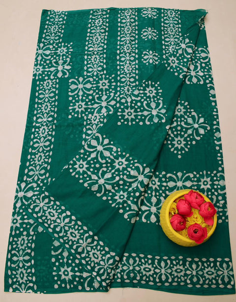 MulMul Pure Cotton Hand Batik Print Saree - Green Colour