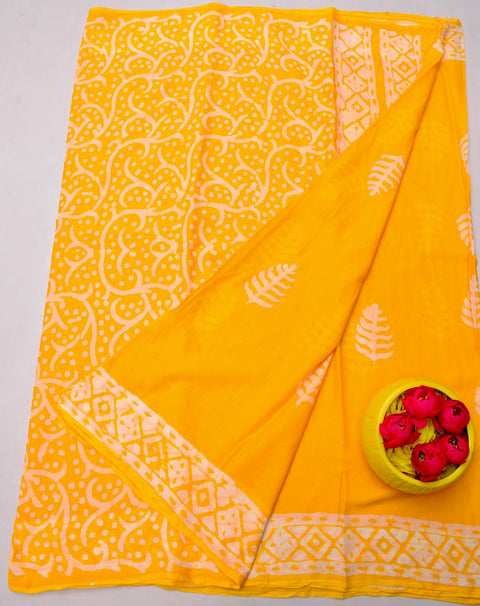 MulMul Pure Cotton Hand Batik Print Saree - Yellow Colour