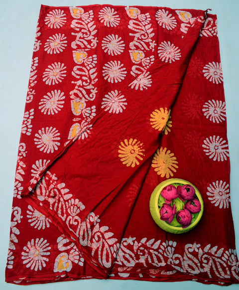 MulMul Pure Cotton Hand Batik Print Saree - Red Colour