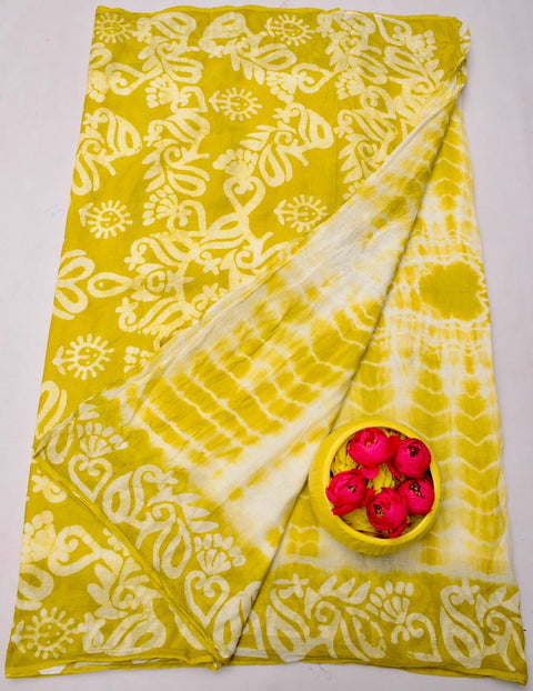 MulMul Pure Cotton Hand Batik Print Saree - Yellow Color