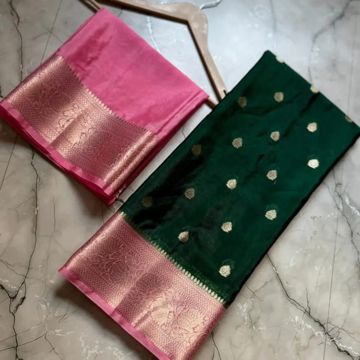 Semi Katan Soft Banarasi Silk Saree With Zari Buti Work - Dark Green Color