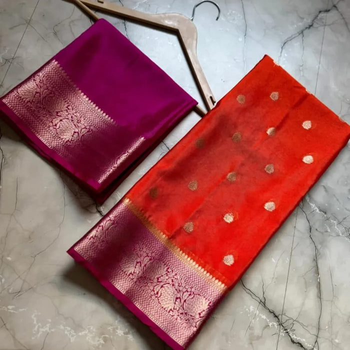 Semi Katan Soft Banarasi Silk Saree With Zari Buti Work - Orange Color