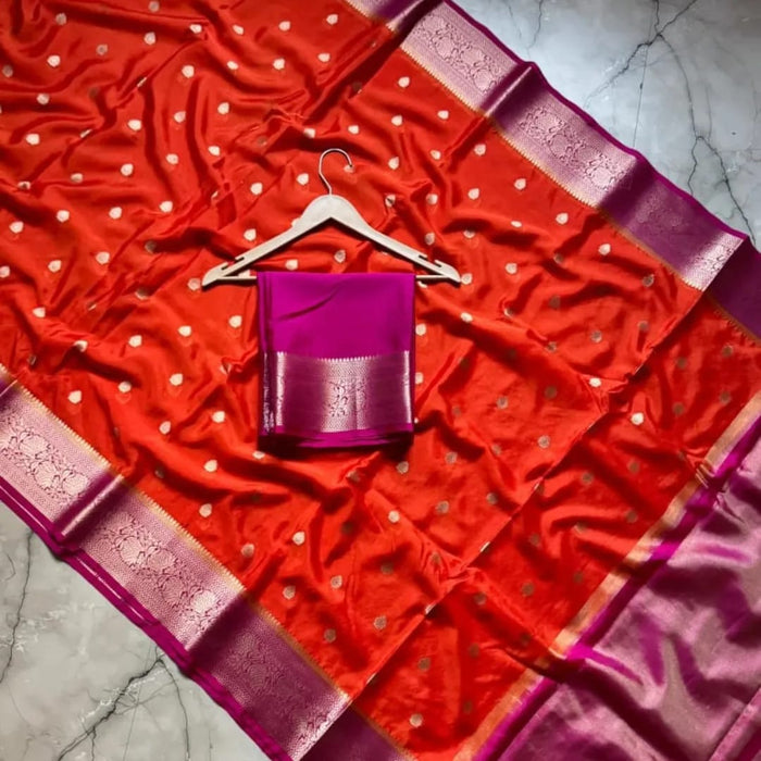 Semi Katan Soft Banarasi Silk Saree With Zari Buti Work - Orange Color