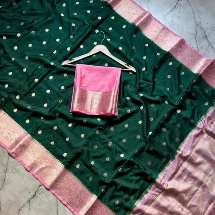 Semi Katan Soft Banarasi Silk Saree With Zari Buti Work - Dark Green Color