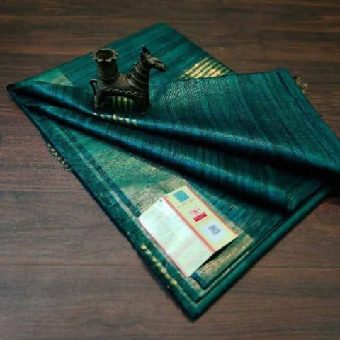 Tussar Ghicha Pure Silk Saree - Dark Green Color