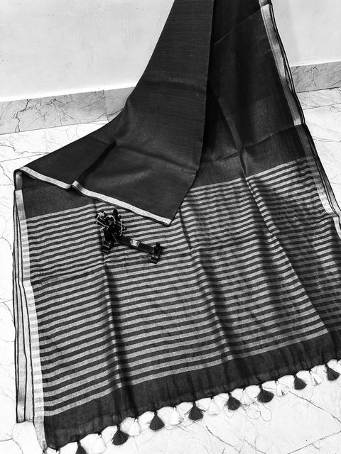 Weave Design  Pure Linen Saree  - Black Color