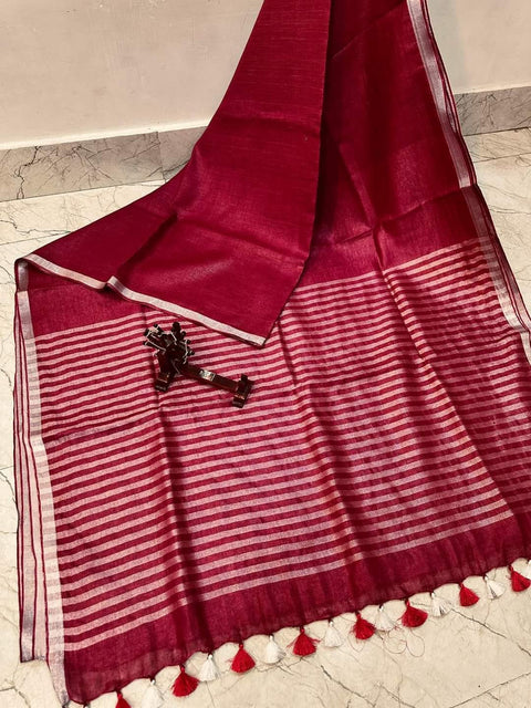 Weave Design  Pure Linen Saree  - Wine Red Color