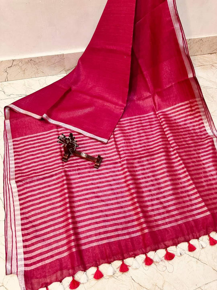 Weave Design  Pure Linen Saree  - Pinkish Red Color