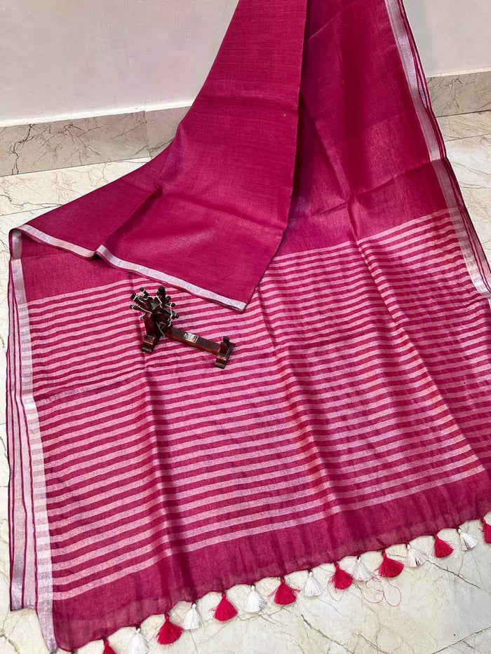 Weave Design  Pure Linen Saree  - Purple Red Color