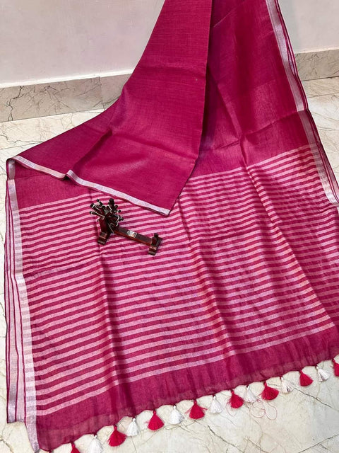 Weave Design  Pure Linen Saree  - Purple Red Color