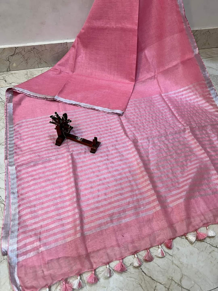 Weave Design  Pure Linen Saree  - Pink Color