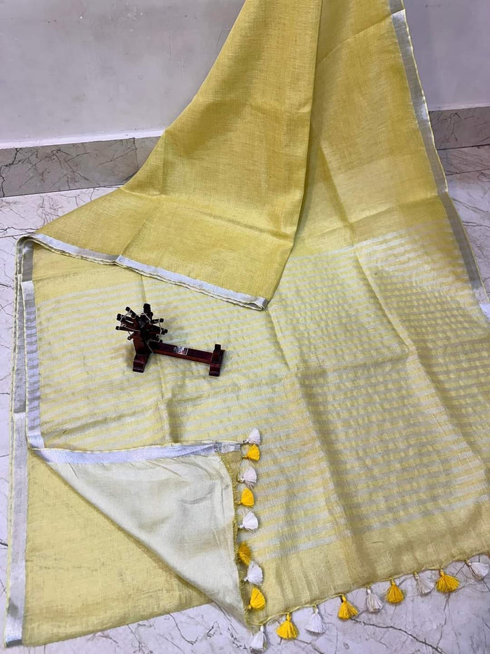 Weave Design  Pure Linen Saree  - Yellow Color