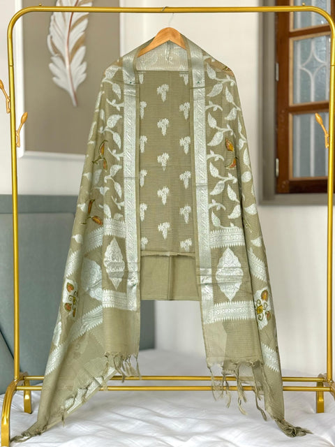 Banarasi Pure Mercerised Kota Check Suit - Olive Color