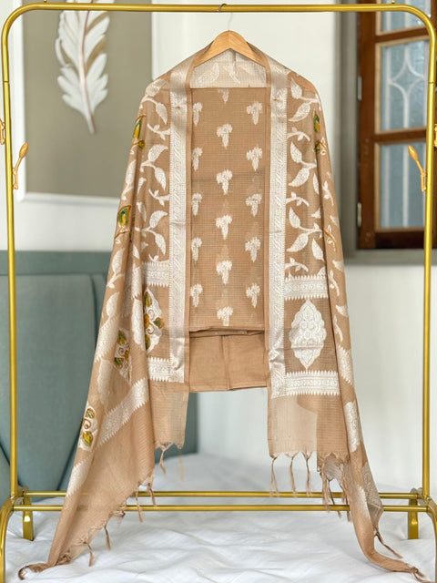 Banarasi Pure Mercerised Kota Check Suit - Beige Color