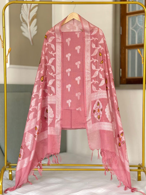 Banarasi Pure Mercerised Kota Check Suit - Pink Color