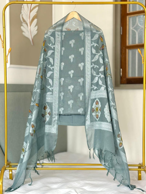 Banarasi Pure Mercerised Kota Check Suit - Sea Green Color