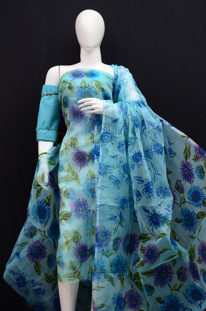 Printed Kota Doria Cotton Mix Dress Material - Sky Blue Color