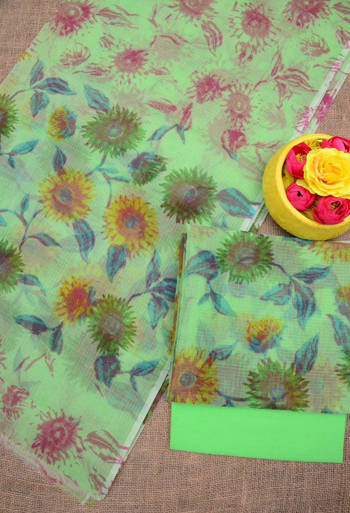 Printed Kota Doria Cotton Mix Dress Material - Green Color