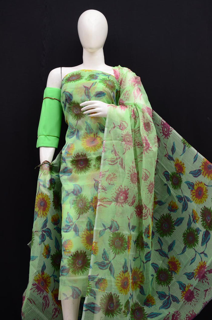 Printed Kota Doria Cotton Mix Dress Material - Green Color