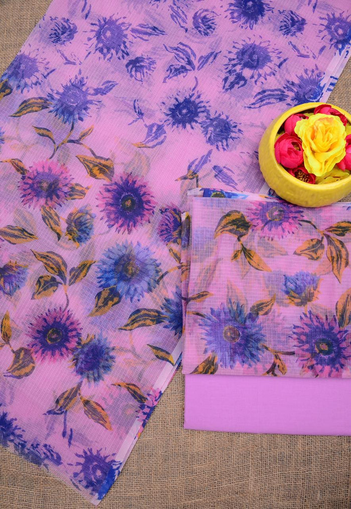 Printed Kota Doria Cotton Mix Dress Material - Lavender Color