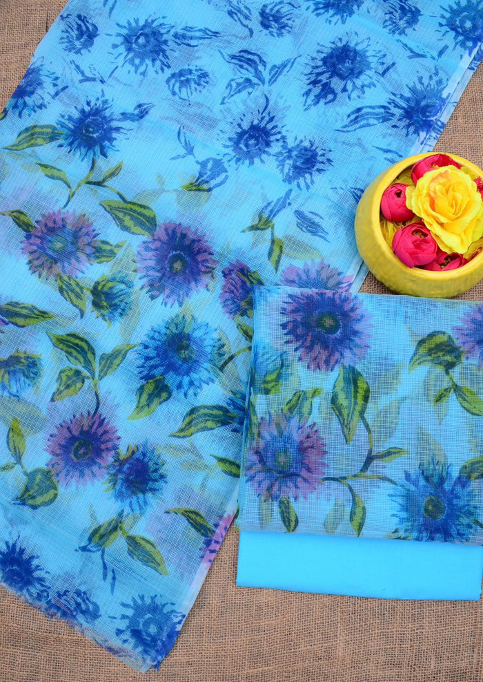 Printed Kota Doria Cotton Mix Dress Material - Blue Color