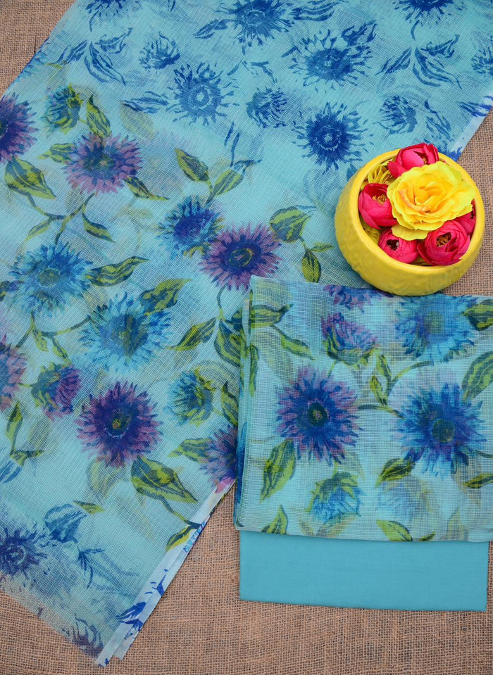 Printed Kota Doria Cotton Mix Dress Material - Sky Blue Color