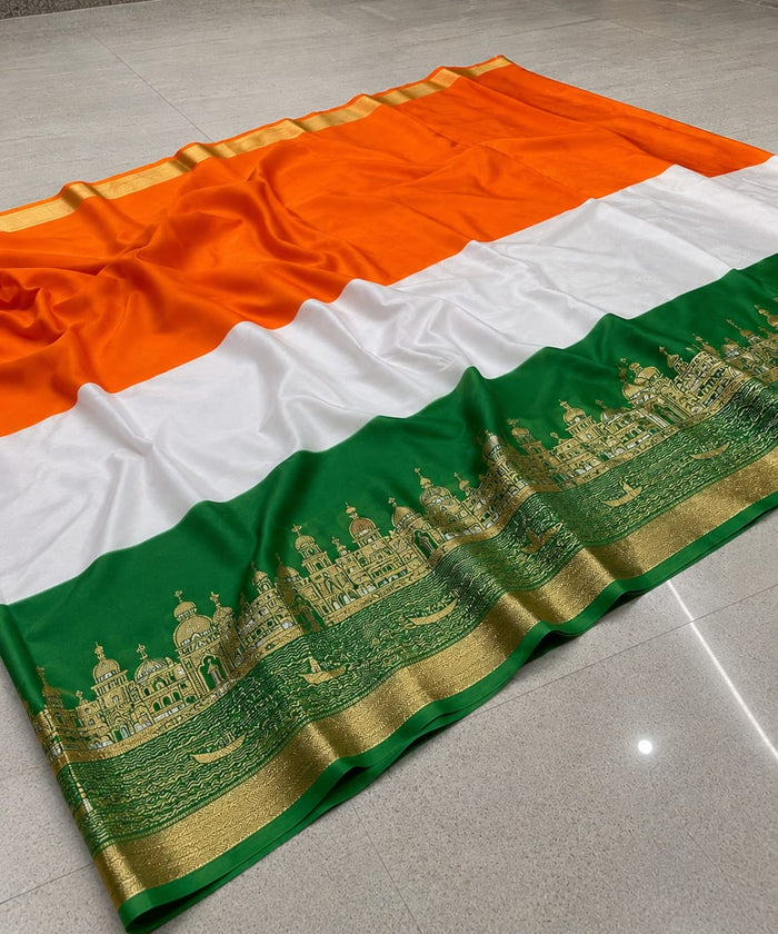 Tricolour Semi Dupion Silk Saree with Temple Woven Border