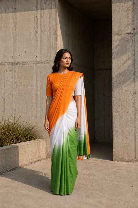Tricolour Cotton Slub Saree with Orange Pallu – Independence Day Special